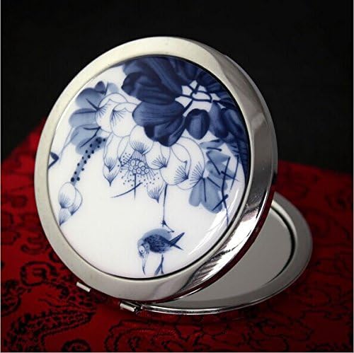 SY-001 Régi Hordozható Kerámia Tükör Nők Fém Kompakt Kék-Fehér Porcelán, Nyomtatás Lotus Kozmetikai Tükör